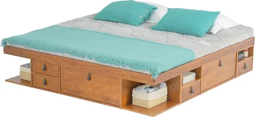 Vista 14 de Memomad Bali Set: Plataforma de almacenamiento con cajones + Cabecera con estantería (Tamaño individual, madera color marrón caramelo)