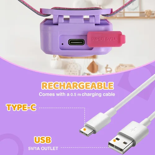 Vista 7 de EverBrite Linterna frontal LED recargable para niños con modo RGB y diadema ajustable, 3 modos multicolor para acampar, leer, explorar, senderismo