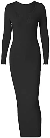 Vista 2 de Antopmen Vestido midi sexy de punto acanalado con cuello en V para mujer, vestido largo por debajo de la rodilla, ajustado, para fiestas