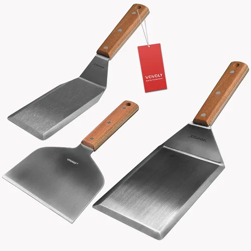 Vista 11 de Juego de espátulas de metal de acero inoxidable para plancha, espátula raspadora para parrilla para BBQ/parrilla superior plana, mango de espiga