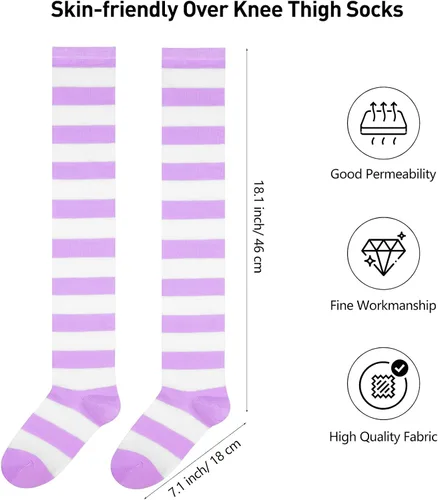 Vista 2 de Aneco 4 pares de calcetines de rayas altas por encima de la rodilla, calcetines altos hasta el muslo, accesorios de cosplay para mujeres y niñas
