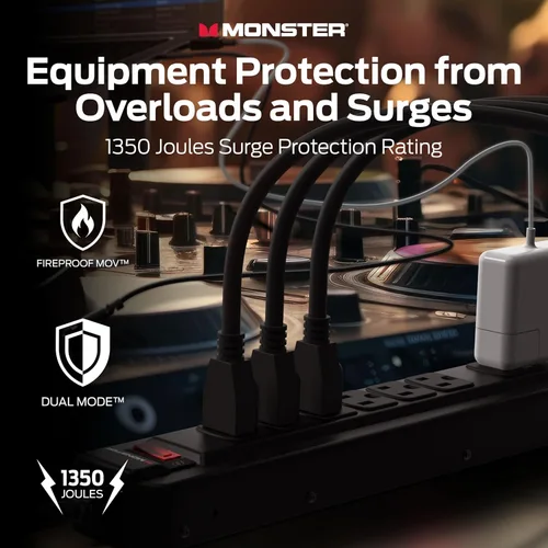 Vista 2 de Monster Pro MI - Regleta de protección contra sobretensiones profesional con tecnología MOV ignífuga para computadoras, amplificadores, pedales
