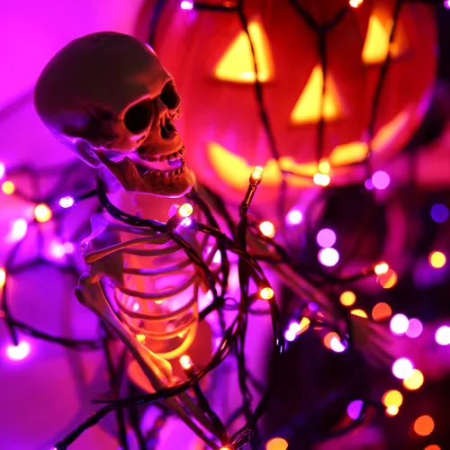 Vista 6 de LYHOPE - Luces de Halloween naranja y morado, 200 luces LED de 72 pies con 8 modos, cadena de luces impermeables operadas por batería