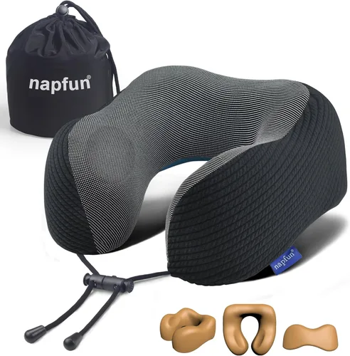 Vista 20 de NapFun - Almohada de cuello para viajes, almohada de cuello de viaje mejorada para avión 100% espuma viscoelástica para dormir y descansar durante