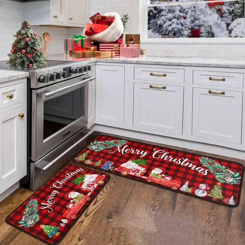 Vista 8 de 2 piezas de alfombras y tapetes de cocina de Navidad para el suelo con respaldo antideslizante, decoración de cocina de Navidad feliz, juego