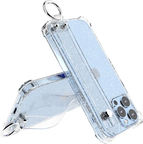 Vista 10 de Funda con purpurina con correa de mano compatible con iPhone 13 de 6.1 pulgadas, funda transparente brillante con correa de muñeca ajustable soporte