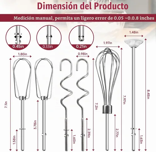 Vista 3 de Accesorios de batidor para batidora de mano para Kitchenaid, batidor, ganchos para amasar y varilla para mezclar líquidos, accesorios de acero