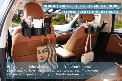 Vista 6 de Organizador de asiento trasero para automóvil con portavasos – Organizador multifuncional para asiento trasero con dos ganchos de asiento, se adapta