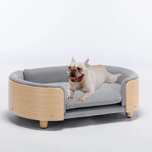 Vista 9 de CuisinSmart Sofá para perro, camas para perros con cojín extraíble, sofá para mascotas con patas de madera maciza y respaldo de madera doblada, sofá
