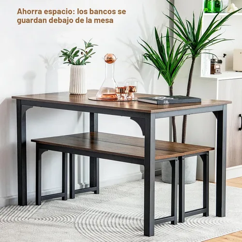 Vista 2 de NAFORT Juego de mesa de comedor para 4, mesa de cocina de 3 piezas con 2 bancos, mesa de comedor de 43.5 pulgadas que ahorra espacio con marco