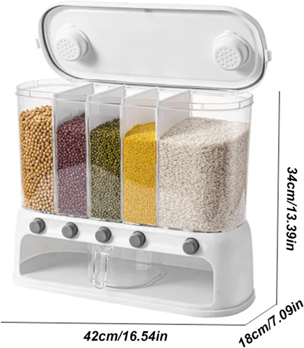 Vista 2 de Yuehuam Dispensador de alimentos secos, 12L montado en la pared, dispensador de granos de 5 rejillas, contenedor de almacenamiento de cereales