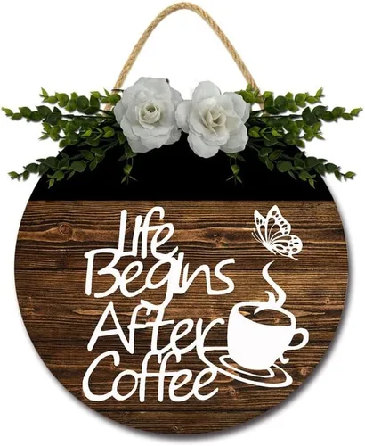 Vista 9 de Cartel de café con texto en inglés «Love Is Brewing» para cafetería, letrero de madera rústica de 11 pulgadas para decoración de pared de cafetería