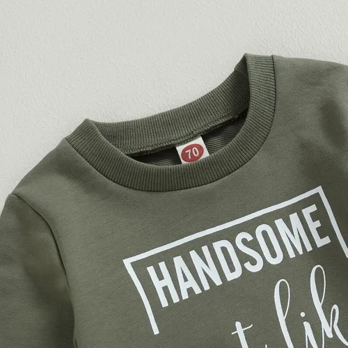 Vista 4 de Ropa de bebé niño de manga larga con estampado de letras de Little Guy, sudadera con pantalones deportivos para otoño