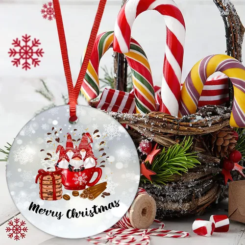 Vista 3 de ArogGeld Adorno redondo de cerámica con diseño de gnomo de Navidad, recuerdo de porcelana plana, árbol de Navidad, vacaciones, decoración de fiesta