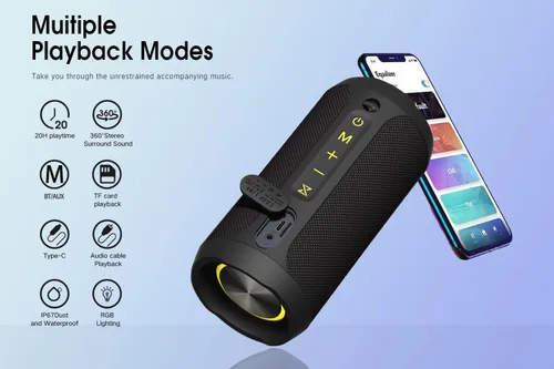 Vista 4 de EDUPLINK - Bocina portátil inalámbrica con Bluetooth impermeable IPX7 con bocinas de mayor sonido, 20 W con interruptor y conexión Bluetooth, modo