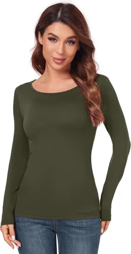 Vista 3 de AUHEGN - Camiseta de manga larga para mujer, cuello en halter, ajuste slim, blusa térmica de capas básicas Verde militar