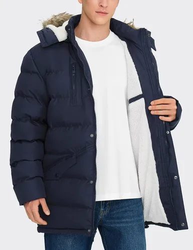 Vista 2 de Abrigos largos de invierno para hombre, cálidos, resistentes al agua, inflados, con capucha, cortavientos, aislados, chaquetas acolchadas Azul