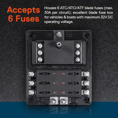 Vista 2 de True Mods Caja de fusibles de 6 vías con bus negativo de tierra para automoción [entradas positivas duales] [12V - 32V CC] [180 amperios]