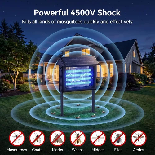 Vista 2 de Exterminador solar de insectos 2026 al aire libre Impermeable: 4500 V Mosquito Zapper con panel solar de 14 W, Asesino de mosquitos de Negro