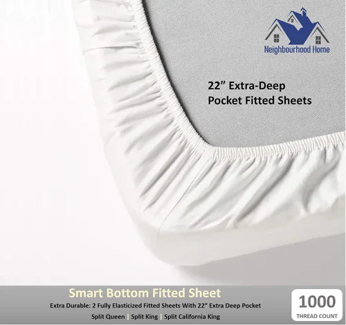 Vista 4 de Juego de sábanas de algodón egipcio Split Queen para cama ajustable de 22 pulgadas con bolsillo extra profundo - 1000 hilos, 100% algodón egipcio