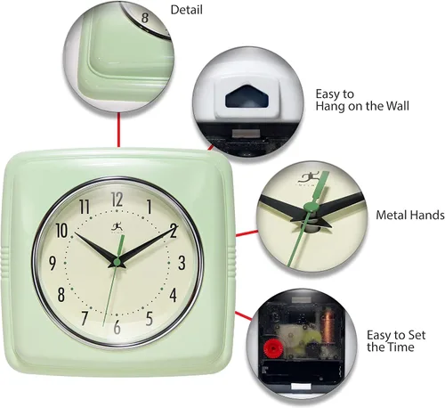 Vista 6 de Infinity Instruments Reloj de pared retro, reloj cuadrado de 9 pulgadas, silencioso sin tictac, moderno de mediados de siglo, reloj de cocina, reloj