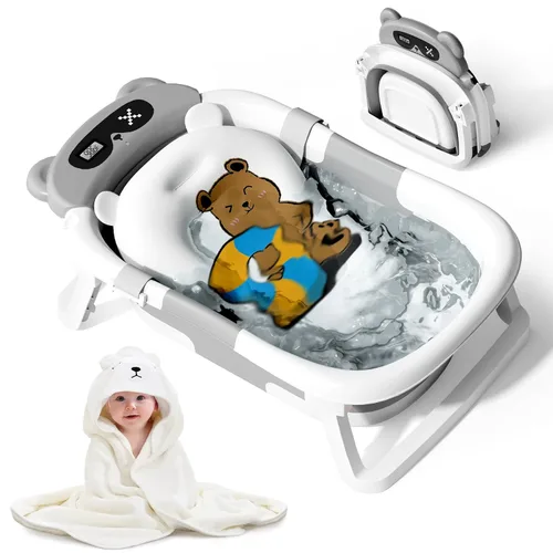 Vista 10 de Bañera para bebé, bañera plegable para recién nacidos a niños pequeños (0-18 meses), bañera plegable para viajar con termómetro, cojín suave, azul