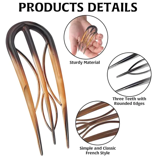Vista 3 de 6 piezas de horquillas francesas, horquilla de cabello en forma de U estilo retro con dientes internos, horquillas francesas para el cabello