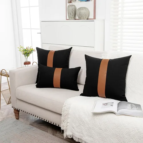 Vista 5 de Juego de 2 fundas de almohada negras y marrones de 18 x 18 pulgadas, fundas de almohadas modernas con rayas estilo granja para sofá, sala de estar