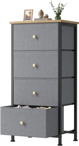 Vista 19 de Sweetcrispy Cómoda alta de tela para dormitorio, cómoda delgada de 6 cajones, torre de almacenamiento estrecha con parte superior de madera y marco