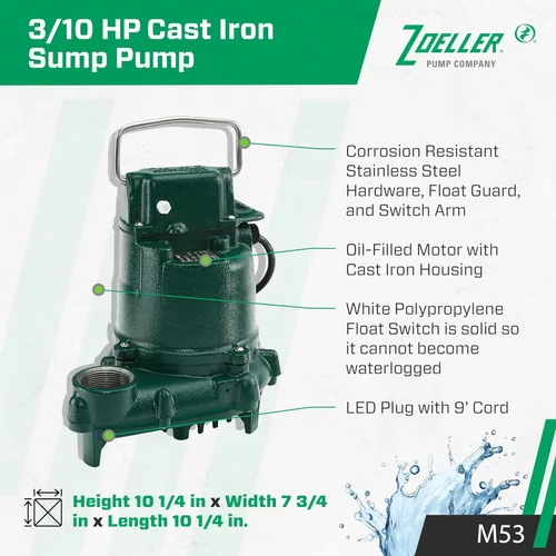 Vista 2 de Zoeller M53 Mighty-mate Bomba Sumergible para Sumidero, 1/3 Hp