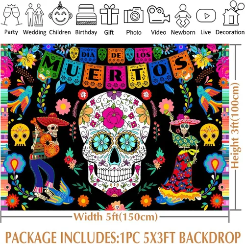 Vista 6 de Avezano Telón de fondo del Día de los Muertos, 5 x 3 pies, diseño de calavera de azúcar mexicana, fondo de fotografía de Dia DE Los Muertos