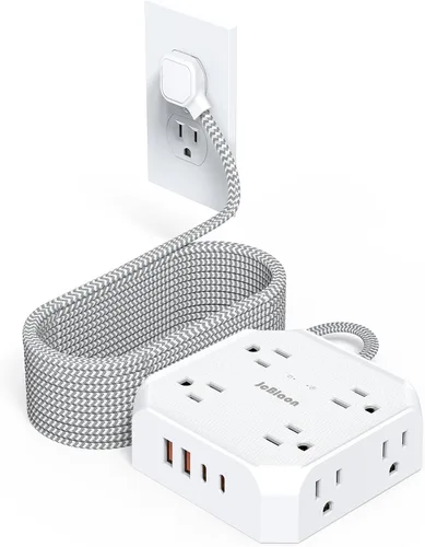 Vista 10 de Protector de sobretensiones - Cable de extensión de enchufe plano de 15 pies con 8 tomas amplias y 4 puertos USB (2 USB C), extensor de salida