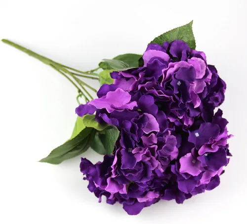 Vista 2 de Ramo de flores artificiales de seda de hortensias moradas profundas 5 cabezas grandes decoración del hogar