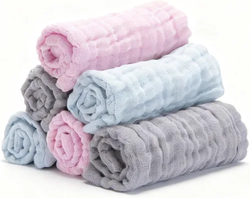 Vista 14 de Toallitas de muselina orgánicas para bebé, paquete de 6, toalla de baño y cara de 12x12 pulgadas, extra absorbente y suave, para bebés recién Azul