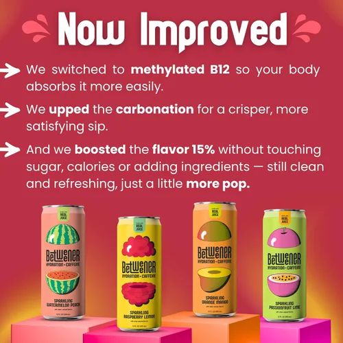 Vista 4 de Betweener Sparkling Energy Seltzer, agua con gas con jugo real y 100 mg de cafeína, ligero y refrescante, L-teanina para concentración, vitaminas