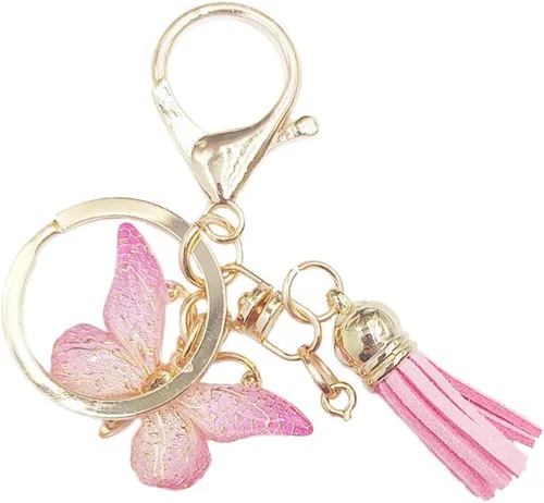 Vista 4 de Llavero de la letra A-Z con borla rosa mariposa llavero para mujeres niñas mochila bolsos colgante