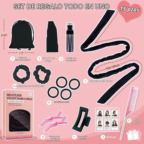 Vista 6 de Rizos sin Calor con Diadema para la Noche, 70'' Rizadores de Cabello sin Calor para Cabello Mediano a Largo, Negro