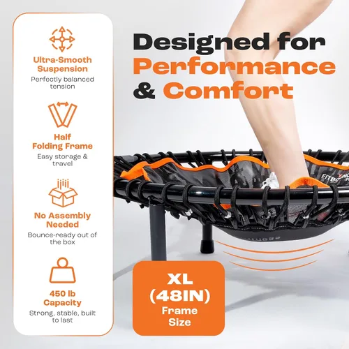 Vista 8 de MXL FIT Bounce PRO XL Bungee Rebounder - Mini trampolín de interior premium para adultos, rebote silencioso de bajo impacto, plegado medio con patas
