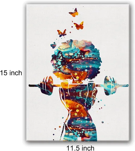 Vista 2 de Hijie Póster de acuarela de niña de fitness para decoración del hogar, dormitorio, gimnasio, lienzo para levantamiento de pesas, pintura de pared