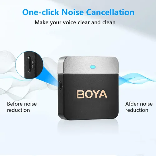 Vista 2 de BOYA Micrófono Lavalier inalámbrico de 2.4 GHz Duan Channel Sistema de micrófono inalámbrico con transmisor y 1 receptor para cámara iPhone
