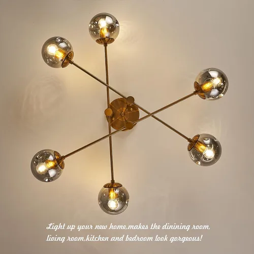 Vista 7 de DDLLDESHI Lámpara de araña de 6 luces dorada con cubierta esférica de vidrio Sputnik, lámpara de techo de 34" de gran tamaño para comedor, lámparas