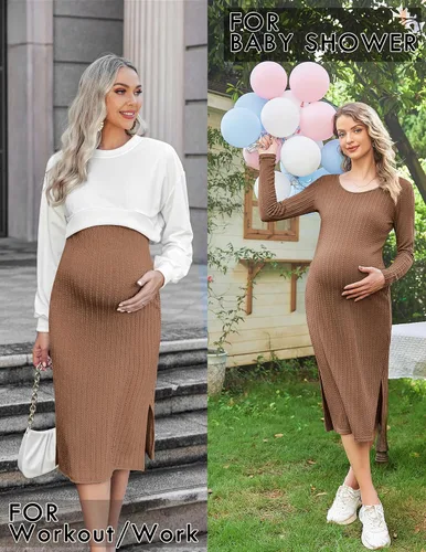 Vista 3 de Ekouaer Maternity Dress Rib Knit Long Sleeve Side Slit Bodycon Dresses Pregnancy Baby Shower Clothes S-XXL