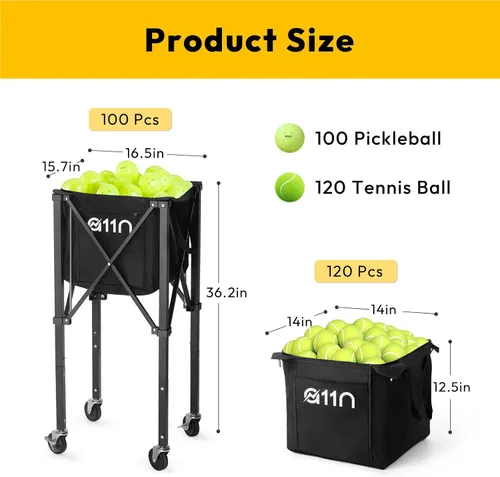 Vista 3 de A11N - Tolva de pelota de tenis de pickleball – Cesta resistente de gran capacidad para 120 pelotas, equipo de práctica de pickleball