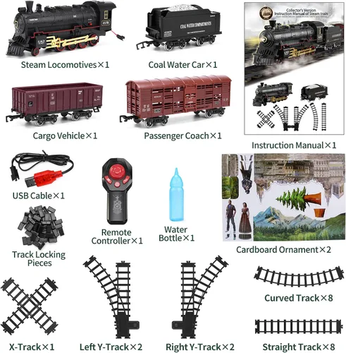 Vista 7 de Juego de tren con control remoto, pista de tren eléctrico alrededor del árbol de Navidad con vehículo de carga, luz y sonidos, locomotora de vapor