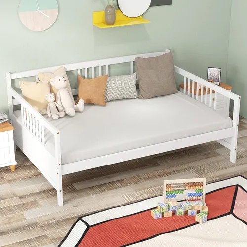 Vista 13 de KOMFOTT Marco de sofá cama de madera tamaño individual, marco de cama de sofá con soporte de listones de madera, no necesita somier, marco de sofá