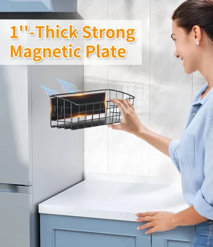Vista 5 de Estante magnético para refrigerador, paquete de 1, estante magnético fuerte para especias con gancho extraíble para almacenamiento de cocina