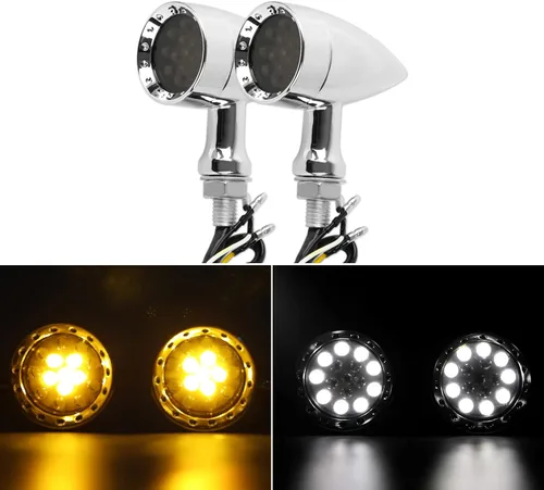 Vista 11 de Dreamizer Señales de giro de motocicleta en forma de bala con luces LED, lámpara indicadora de aleación de aluminio para Cafe Racer Bobber Shadow