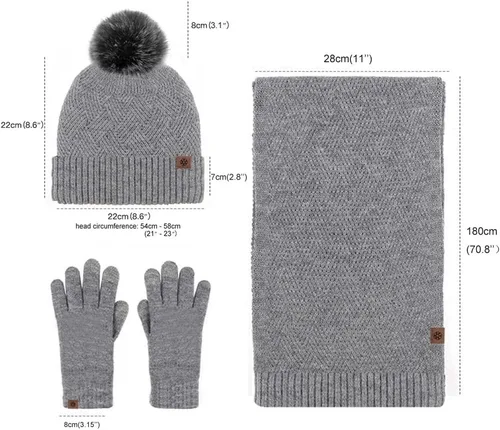 Vista 26 de Bufanda de punto de lana, gorro de esquí, guantes táctiles para invierno, para mujer y hombre