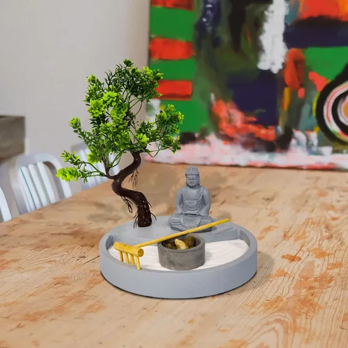 Vista 8 de Portavelas Zen Garden de forma redonda, con una mini estatua de Buda y un árbol bonsái, un arte japonés perfecto para relajación y meditación