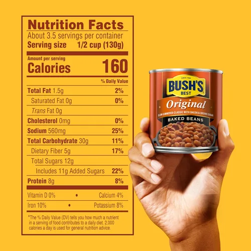 Vista 2 de BUSH'S BEST Frijoles horneados originales enlatados de 16 onzas, fuente de proteína y fibra a base de plantas, bajos en grasa, sin gluten